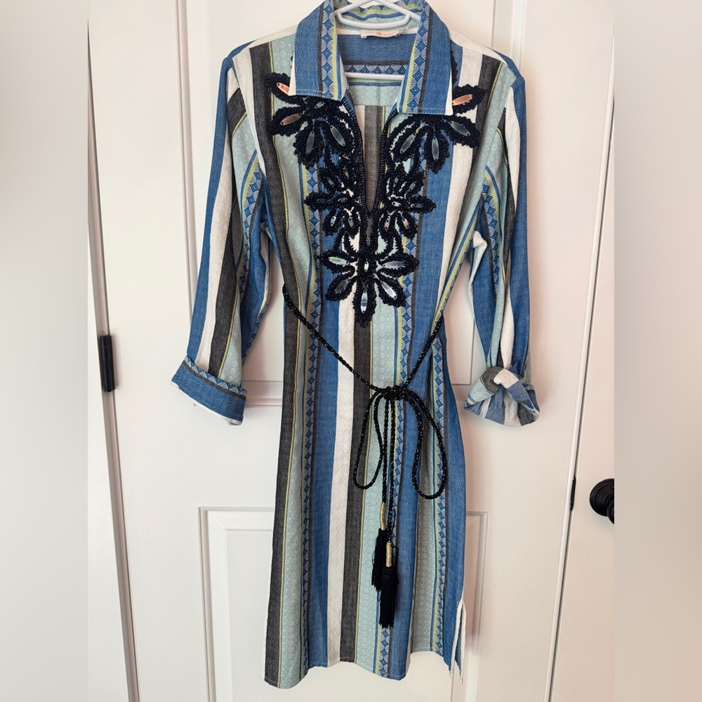 Tory Burch Blue and Black Long Sleeve Dress